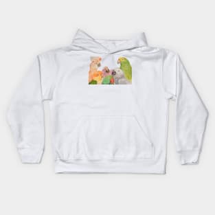 Watercolor of parrots: Cockatoo, caique, great alexander, African gray, baby macaw and amazon Kids Hoodie